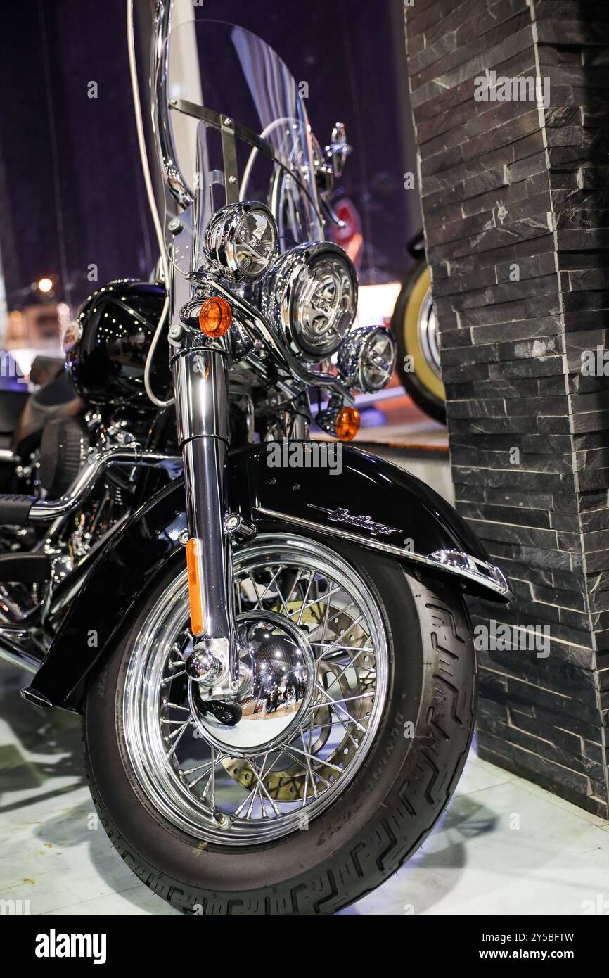 Razze (cerchione) sulla ruota anteriore di una motocicletta Harley Davidson d'epoca Foto Stock