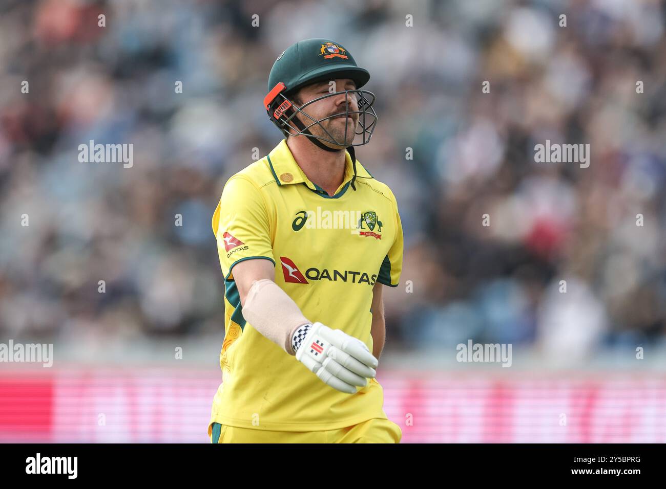 Un defunto Travis Head of Australia lascia il campo di gioco dopo essere stato catturato da Olly Stone of England durante la seconda Metro Bank One Day International England vs Australia a Headingley Cricket Ground, Leeds, Regno Unito, 21 settembre 2024 (foto di Mark Cosgrove/News Images) Foto Stock