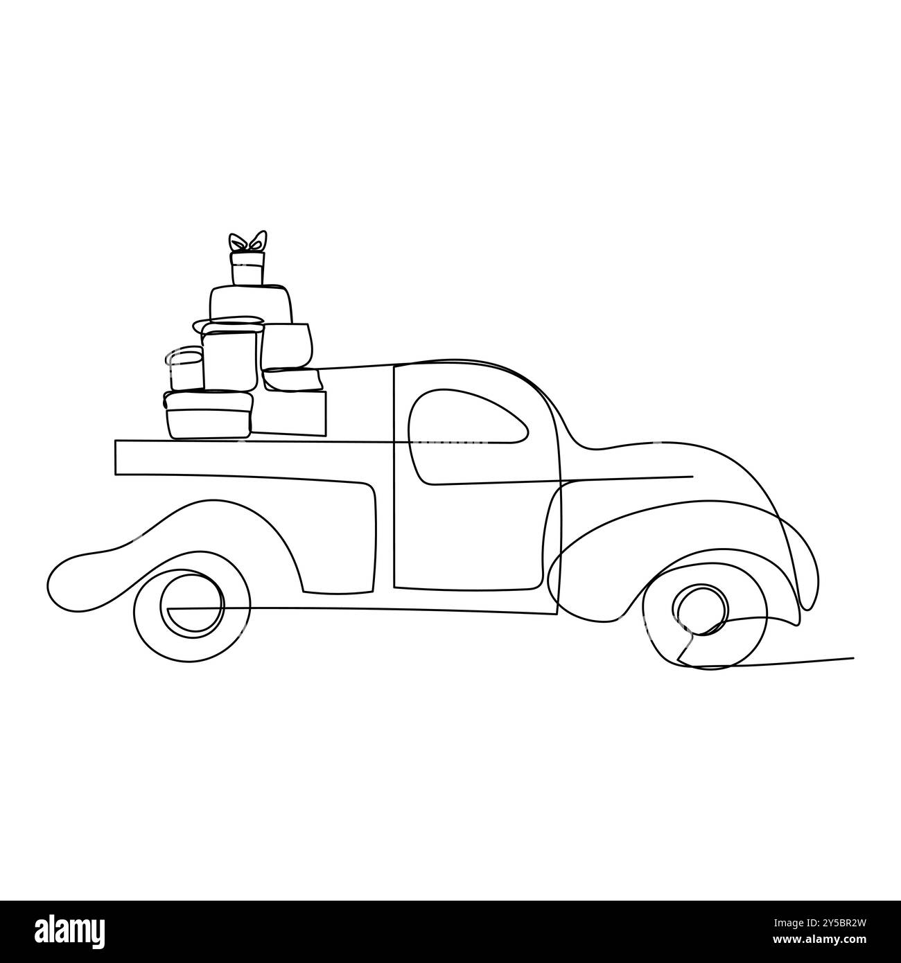 Confezioni regalo per auto. Disegno continuo su una linea disegno disegno sulla linea disegno della confezione regalo. Pacchetto a sorpresa avvolto per la festa di natale o di compleanno . Festa e pacchi Illustrazione Vettoriale