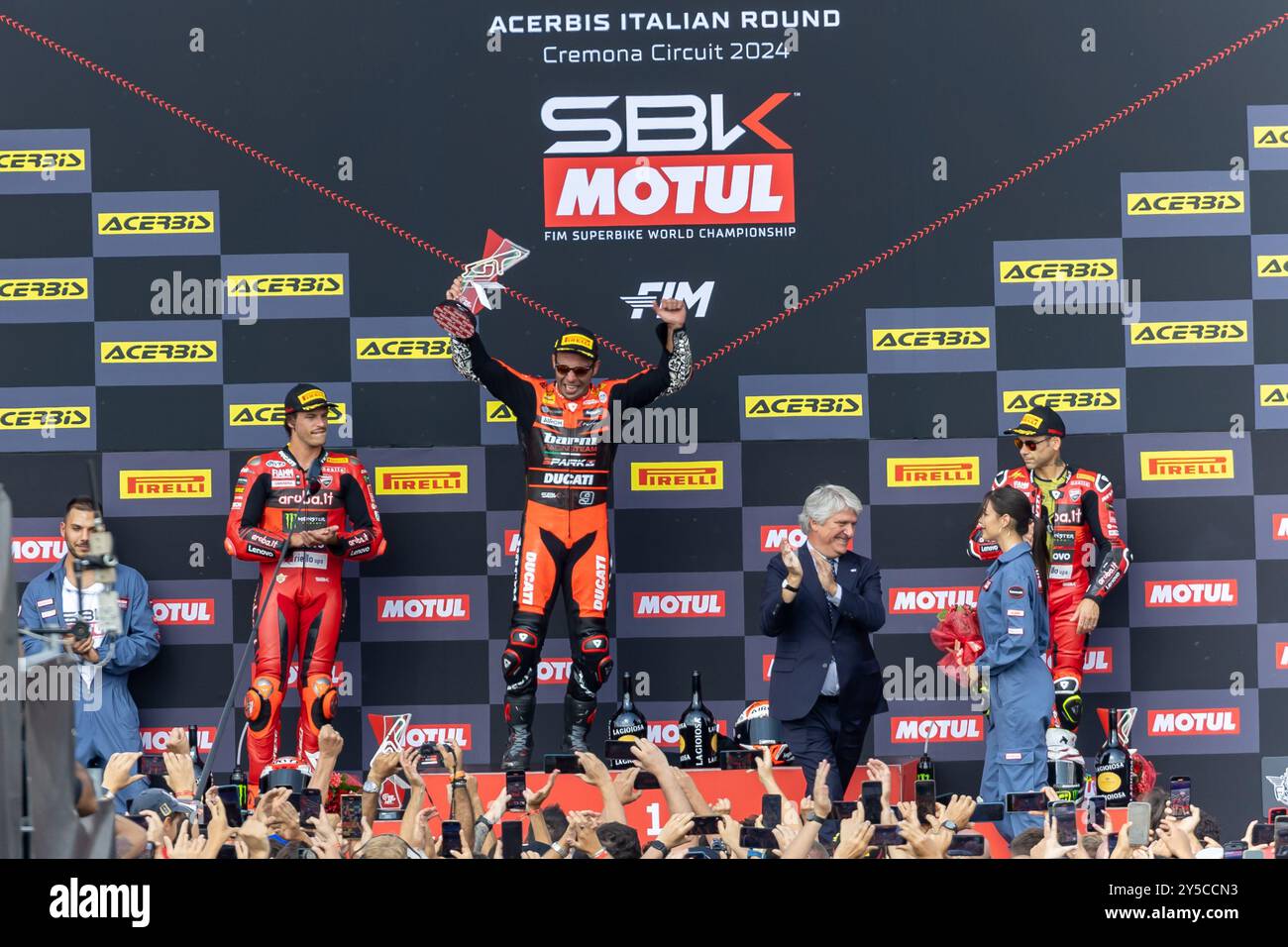 Podio di Race1 durante il Campionato del mondo FIM Superbike Acerbis Italian Round sul circuito di Cremona, San Martino del Lago, Italia, il 21 settembre 2024 durante il round italiano Acerbis, gara mondiale Superbike - SBK a Cremona, Italia, 21 settembre 2024 Foto Stock