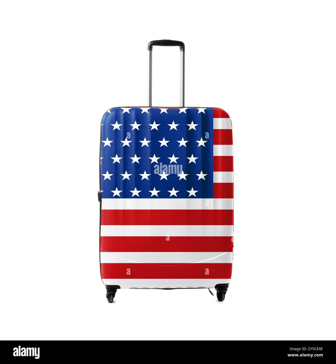 Valigia dipinta nella bandiera nazionale degli Stati Uniti isolata su bianco Foto Stock