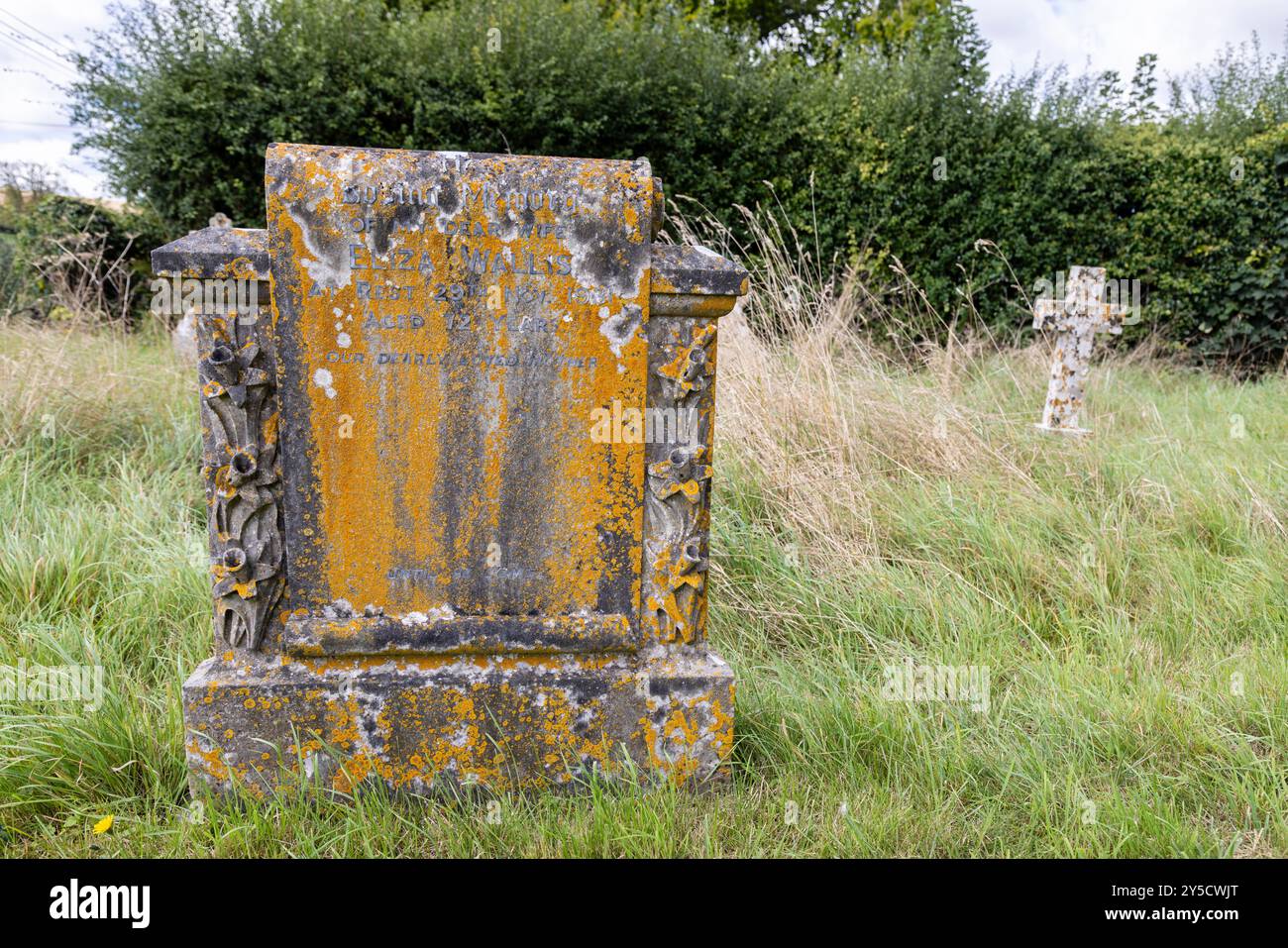 Lapide ricoperta di licheni nel cimitero della Chiesa di San Nicola di mira, Steeple Langford, Wiltshire, un edificio classificato Grade ll. Foto Stock