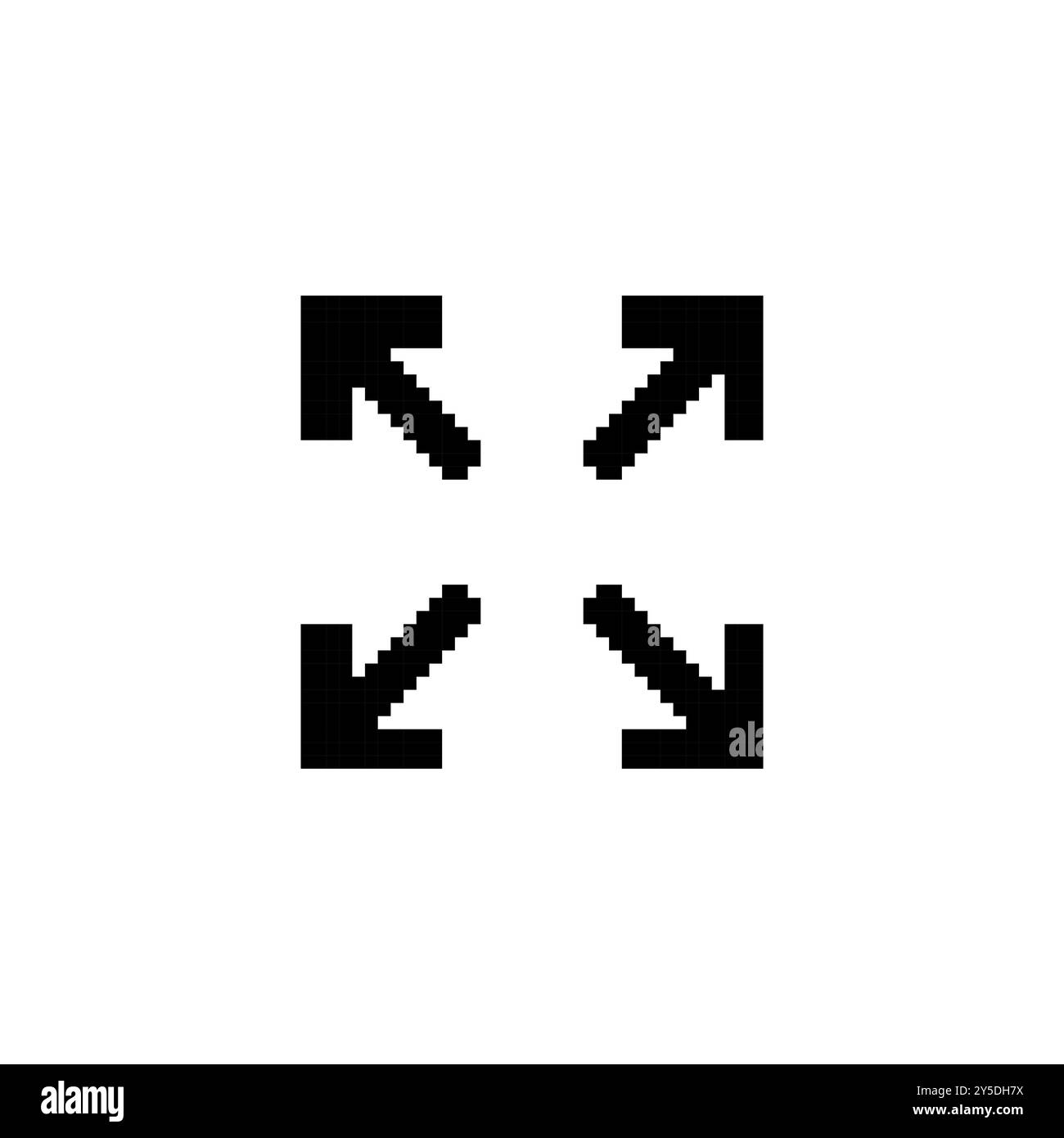 Pixel art espande le frecce in nero. Quattro frecce minimaliste rivolte verso l'esterno in stile retro pixelato. Illustrazione Vettoriale