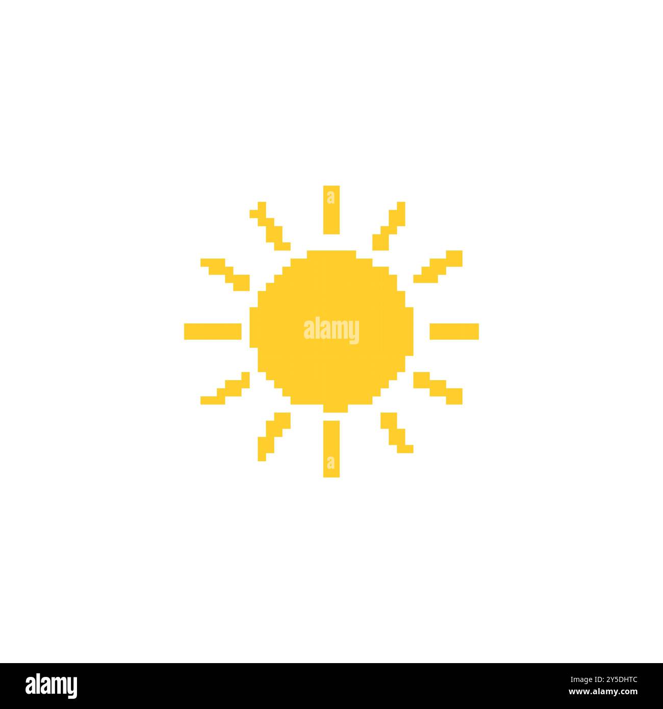 Illustrazione del sole pixellato. Semplice pixel art di un sole giallo con raggi che si estendono verso l'esterno. Illustrazione Vettoriale