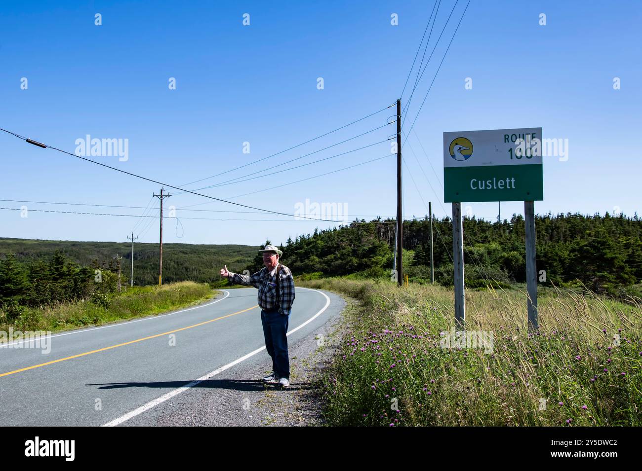 Autostop seguendo le indicazioni per la Route 100 a Cuslett, Newfoundland & Labrador, Canada Foto Stock