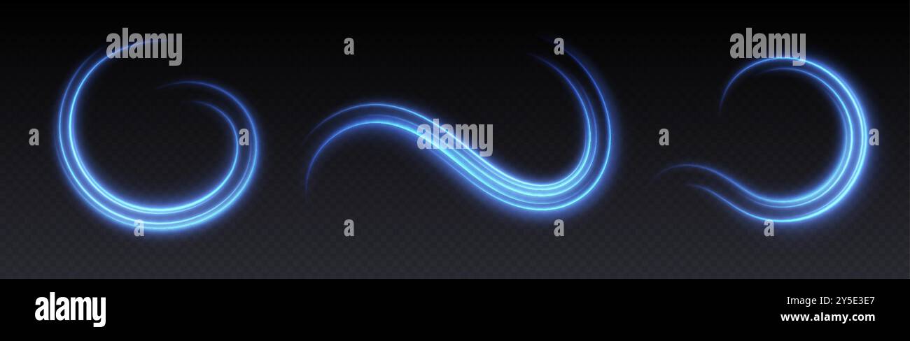 La luce blu brillante ruota con curve fluide e fluide. Concetto di effetto luminoso in movimento. Illustrazione Vettoriale