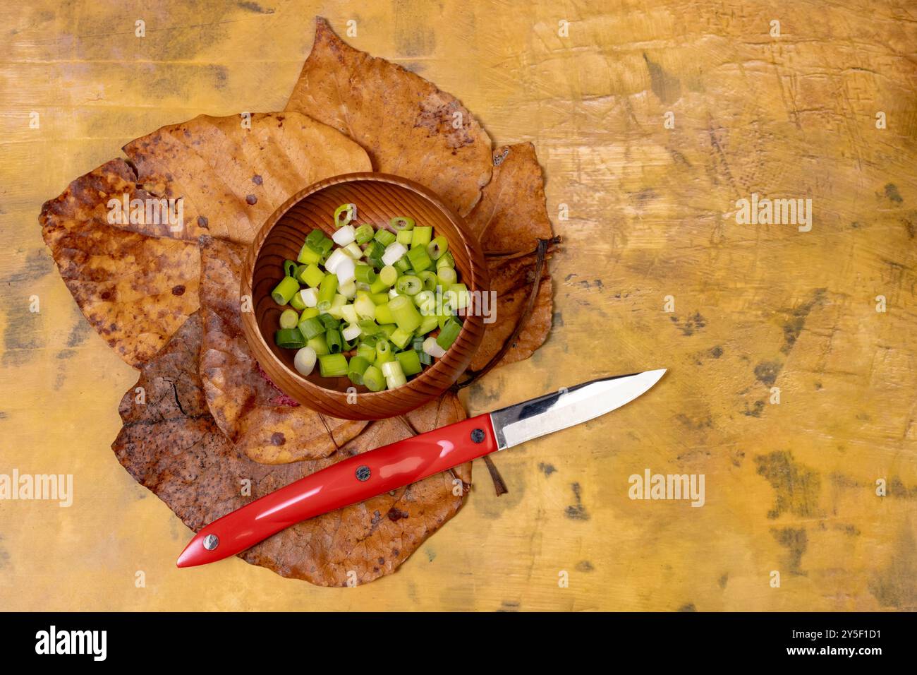 Recipiente in legno con Scallions tagliati e coltello da abbinare con manico rosso Foto Stock