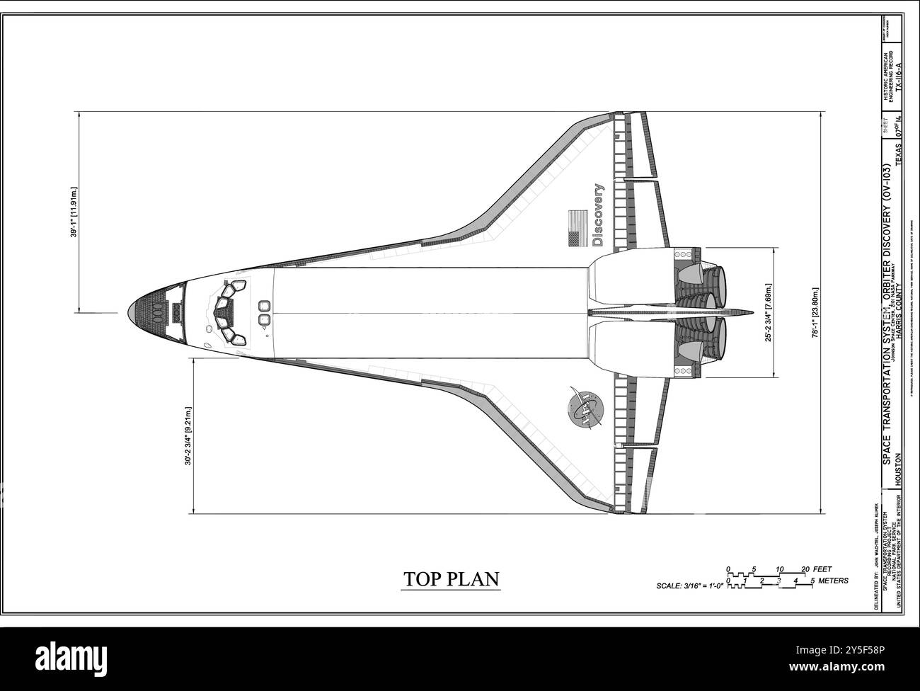 Top Plan - Space Transportation System, Orbiter Discovery (OV-103), Lyndon B. Johnson Space Center, 2101 NASA Parkway, Houston, Harris County, Texas Draw Illustrazione Vettoriale