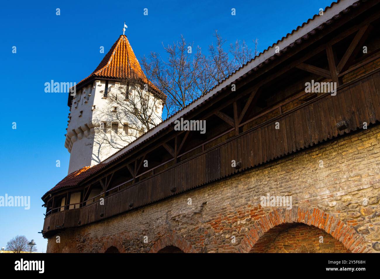 Muro di difesa e la torre dei falegnami, uno degli edifici che fa parte del muro difensivo della città vecchia di Sibiu, Romania Foto Stock Muro di difesa e la torre dei falegnami, uno degli edifici che fa parte del muro difensivo della città vecchia di Sibiu, Romania Foto Stock