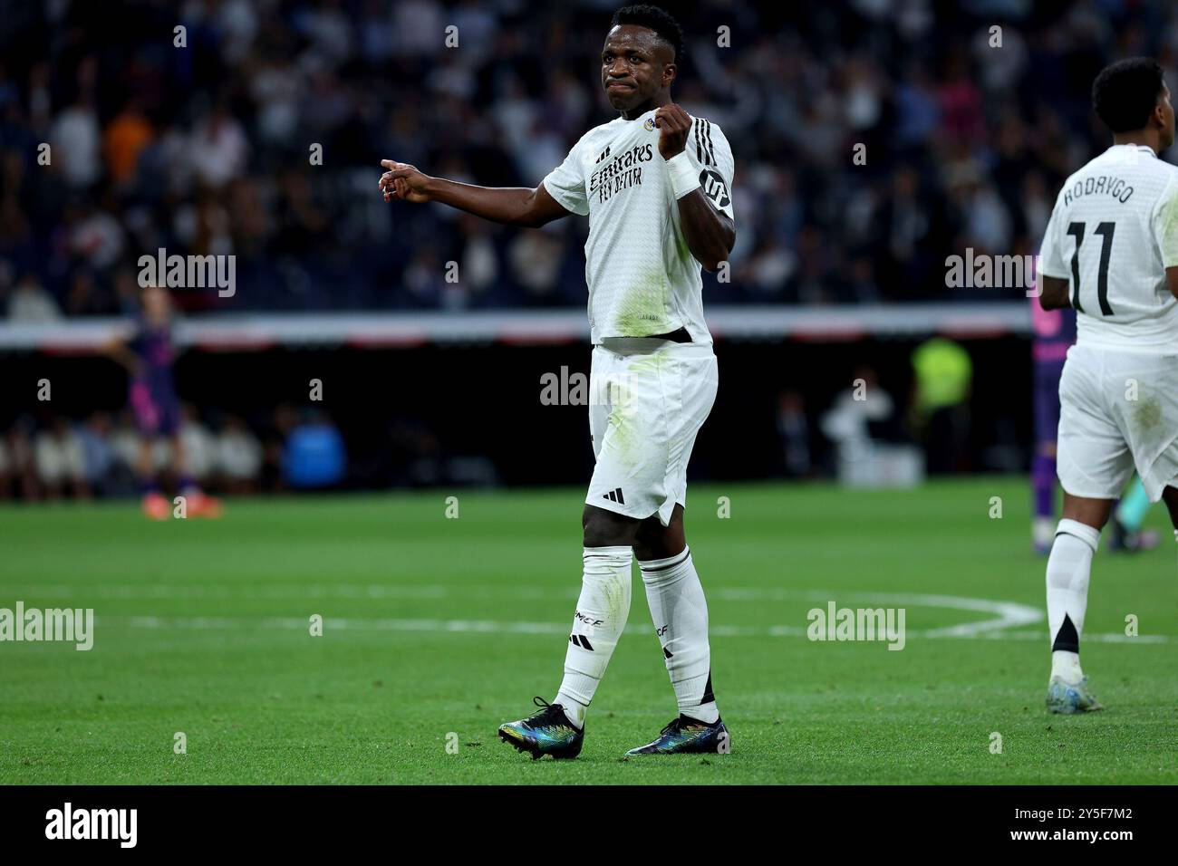 Madrid, spagnolo. 21 settembre 2024. Madrid, Spagna; 21/09/2024.- Vinicius Jr. Segna gol. Real Madrid vs Espanyol 6° giorno della Lega calcistica spagnola tenutasi allo stadio Santiago Bernabéu nella capitale del Regno di Spagna. Il Real Madrid batte l'Espanyol 4-1 con gol di Dani Carvajal, Rodrygo Goes, Vinícius Júnior e Kylian Mbappé crediti: Juan Carlos Rojas/dpa/Alamy Live News Foto Stock