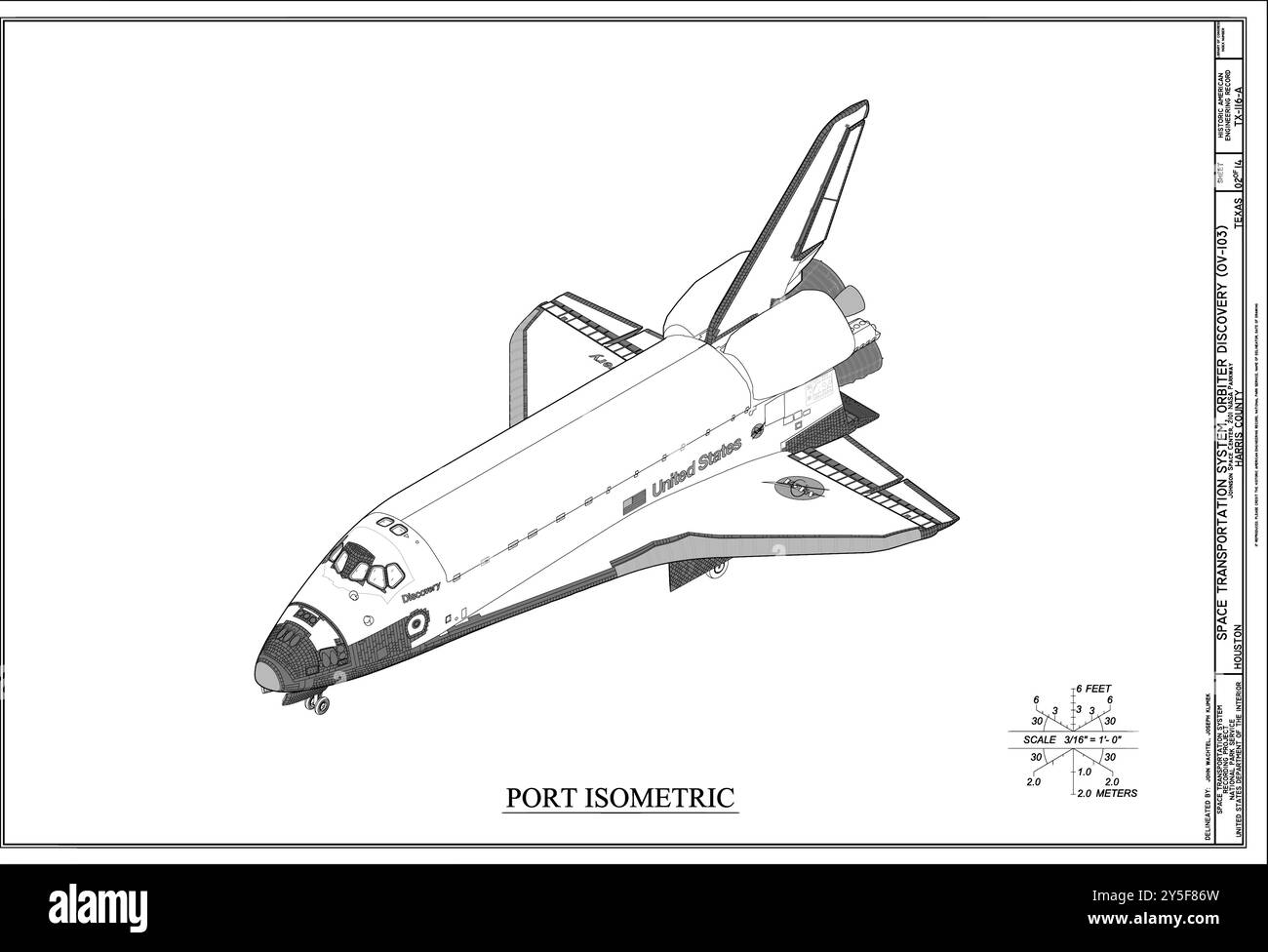 Port Isometric - Space Transportation System, Orbiter Discovery (OV-103), Lyndon B. Johnson Space Center, 2101 NASA Parkway, Houston, Harris County, T Illustrazione Vettoriale