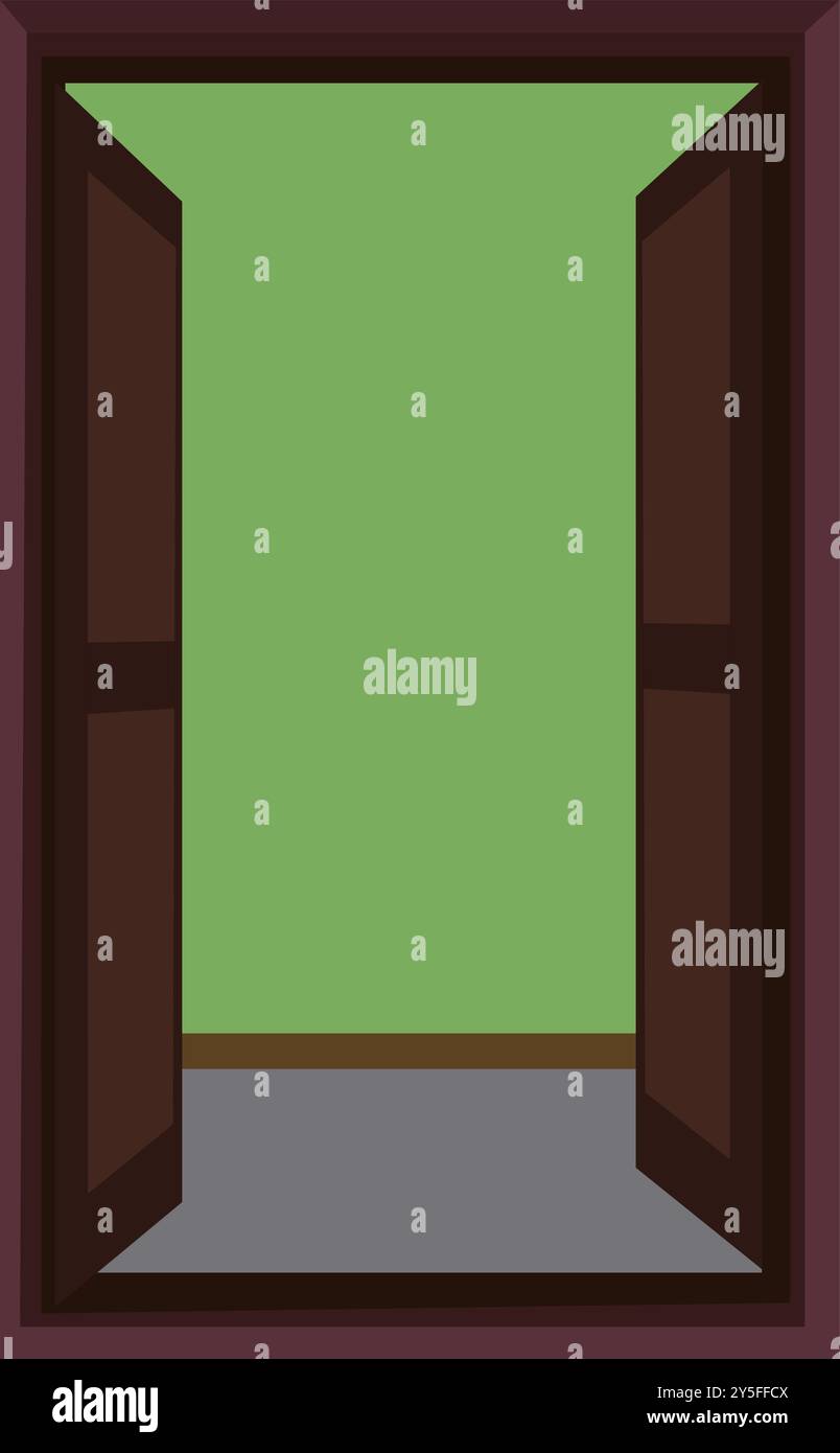 Illustrazione della portiera anteriore in legno marrone. Porta esterna dell'edificio. Icona cancello chiuso. Illustrazione vettoriale cartoni animati. Animazione delle portiere. Aprire lo sportello beige in FR Illustrazione Vettoriale