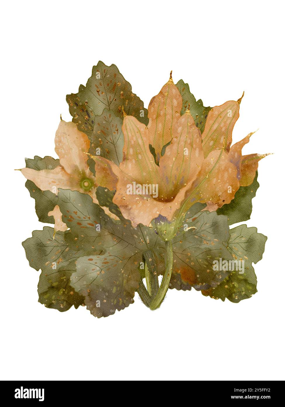 Una splendida e splendida illustrazione di una complessa disposizione floreale ricca di foglie intricate e colori tenui. Oggetto isolato su sfondo bianco per la progettazione di opuscoli, volantini, e-pack, siti web, articoli, etichetta o pubblicità. Arte digitale in stile acquerello. Foto Stock