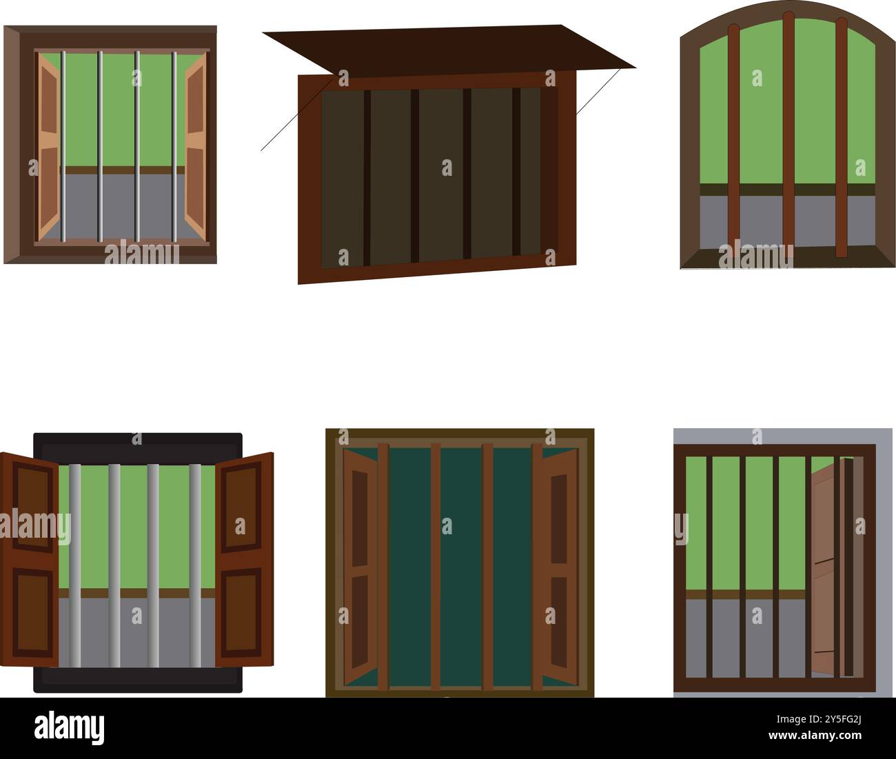 Collezione di finestre in legno con colori e design diversi. Aprire il set di finestre. Elemento di casa del villaggio indiano isolato su sfondo bianco Illustrazione Vettoriale