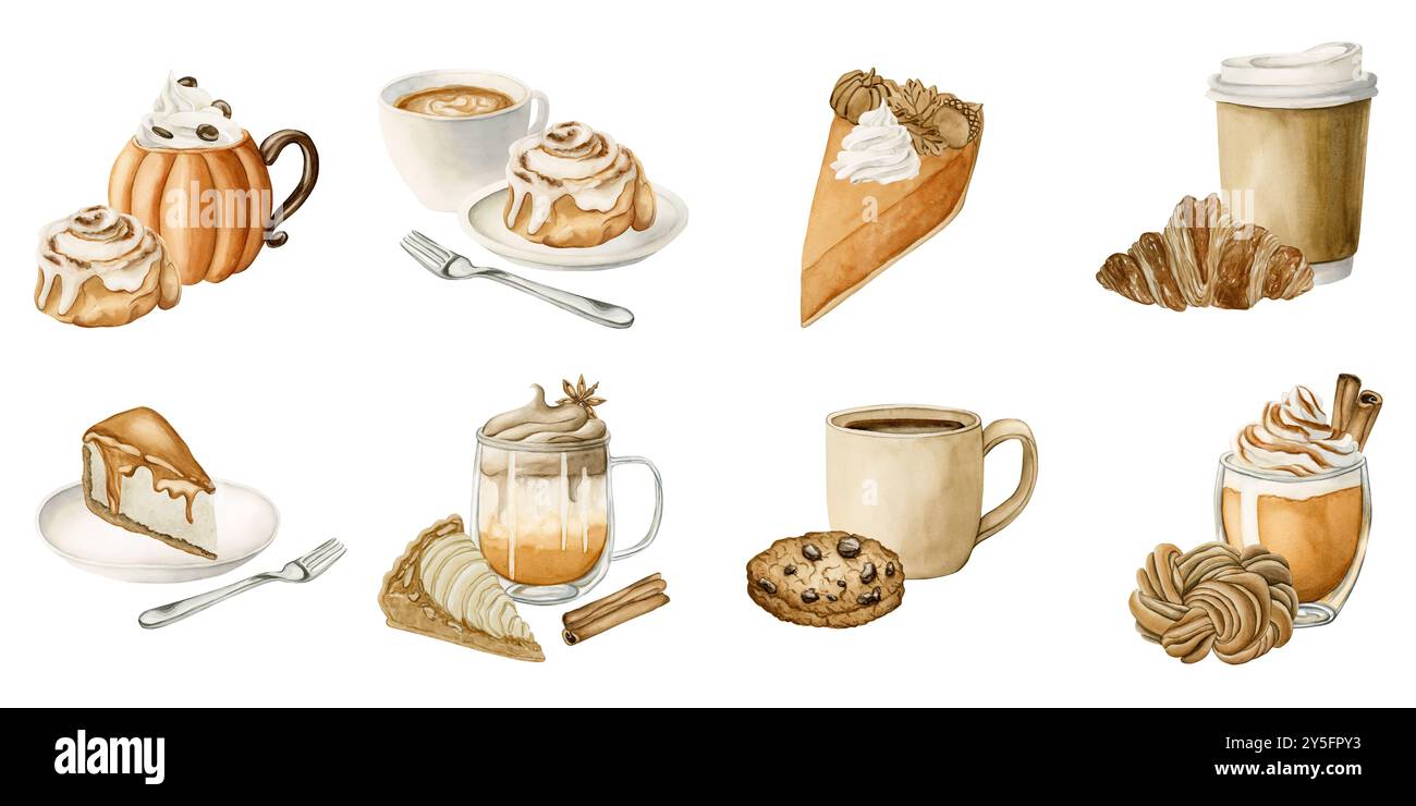 Bevande autunnali e dessert di pasticceria Clipart. Set di dolci e bevande autunnali. Illustrazione degli alimenti ad acquerello isolata su sfondo bianco per Thanksgivin Foto Stock