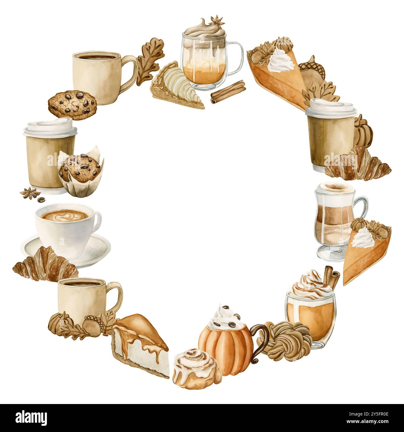 Bevande autunnali e dessert di pasticceria Wreath. Dolci e bevande autunnali. Illustrazione degli alimenti ad acquerello isolata su sfondo bianco per il Ringraziamento e fa Foto Stock