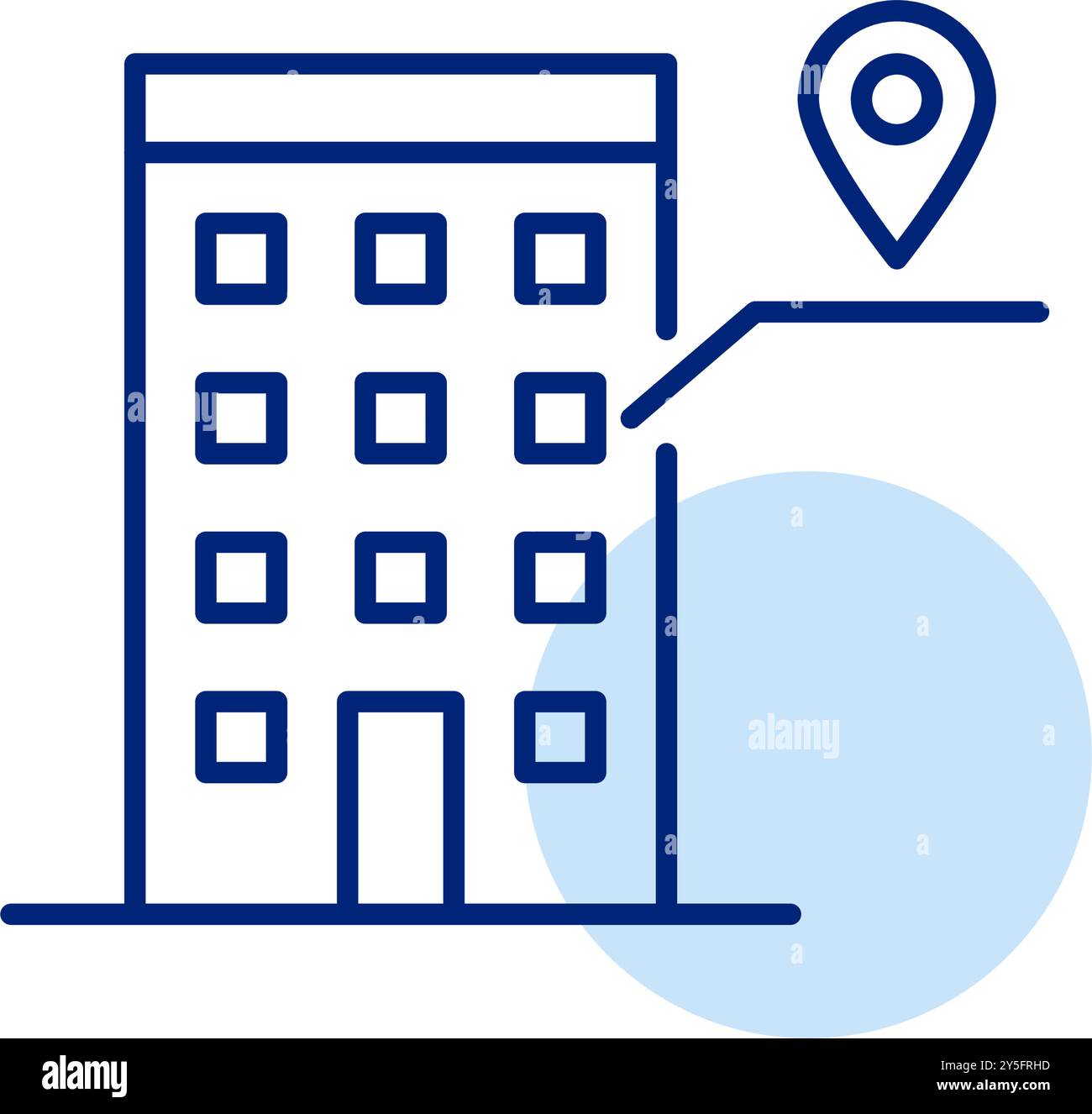 Alto edificio di appartamenti e posizione della mappa che indica la finestra. Residenza urbana, immobiliare. Pixel Perfect, icona del vettore di traccia modificabile Illustrazione Vettoriale