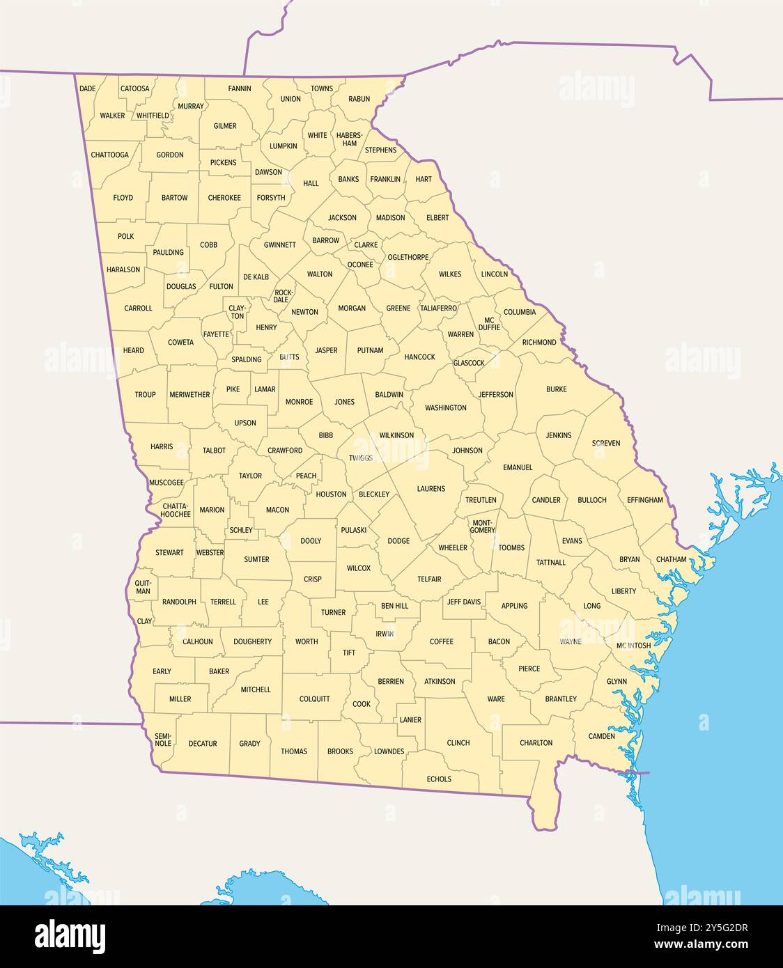 Contee della Georgia, mappa politica. Stato nella regione sud-orientale degli Stati Uniti, suddiviso in 159 contee. Soprannominato Peach State. Foto Stock