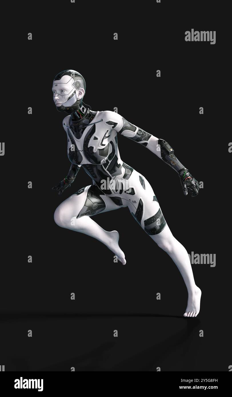 Illustrazione 3d di Una donna in posa cyborg su sfondo nero con percorso di ritaglio. Progetto AI. Foto Stock