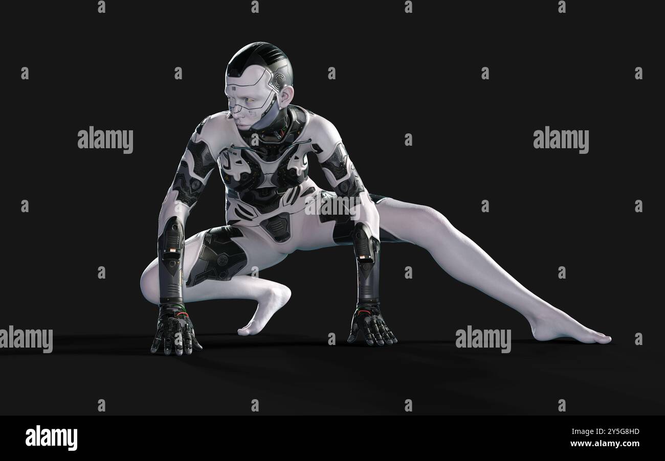 Illustrazione 3d di Una donna in posa cyborg su sfondo nero con percorso di ritaglio. Progetto AI. Foto Stock