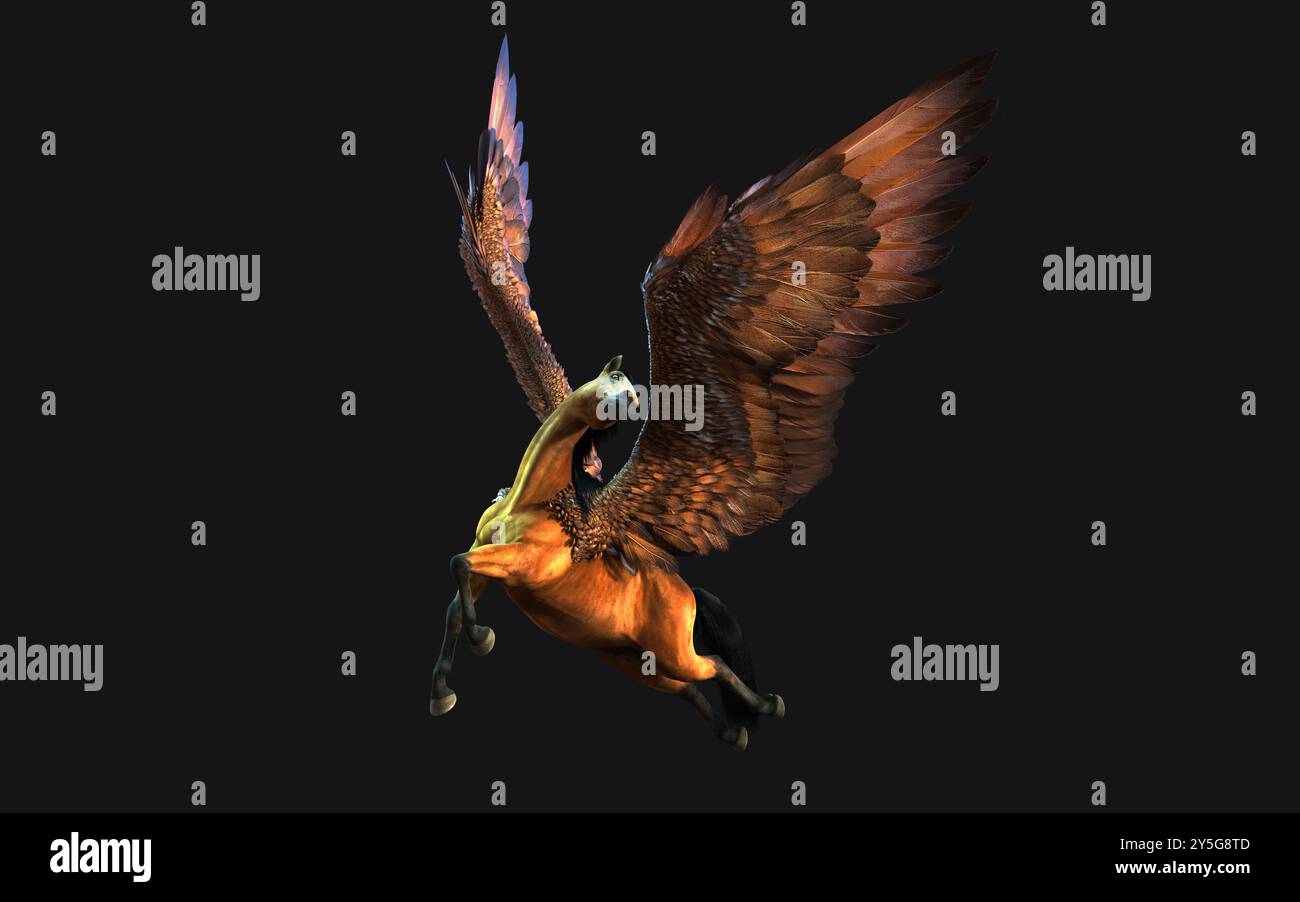 Illustrazione 3D di un cavallo fantasy isolato su sfondo nero con percorso di ritaglio. Foto Stock