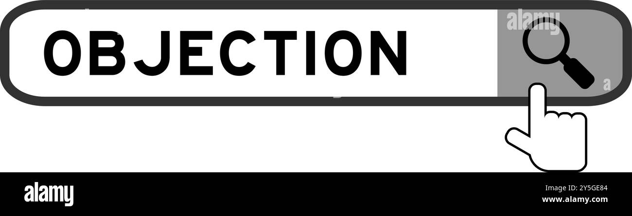 Cerca banner con obiezione a parole con l'icona della lente di ingrandimento a mano su sfondo bianco Illustrazione Vettoriale
