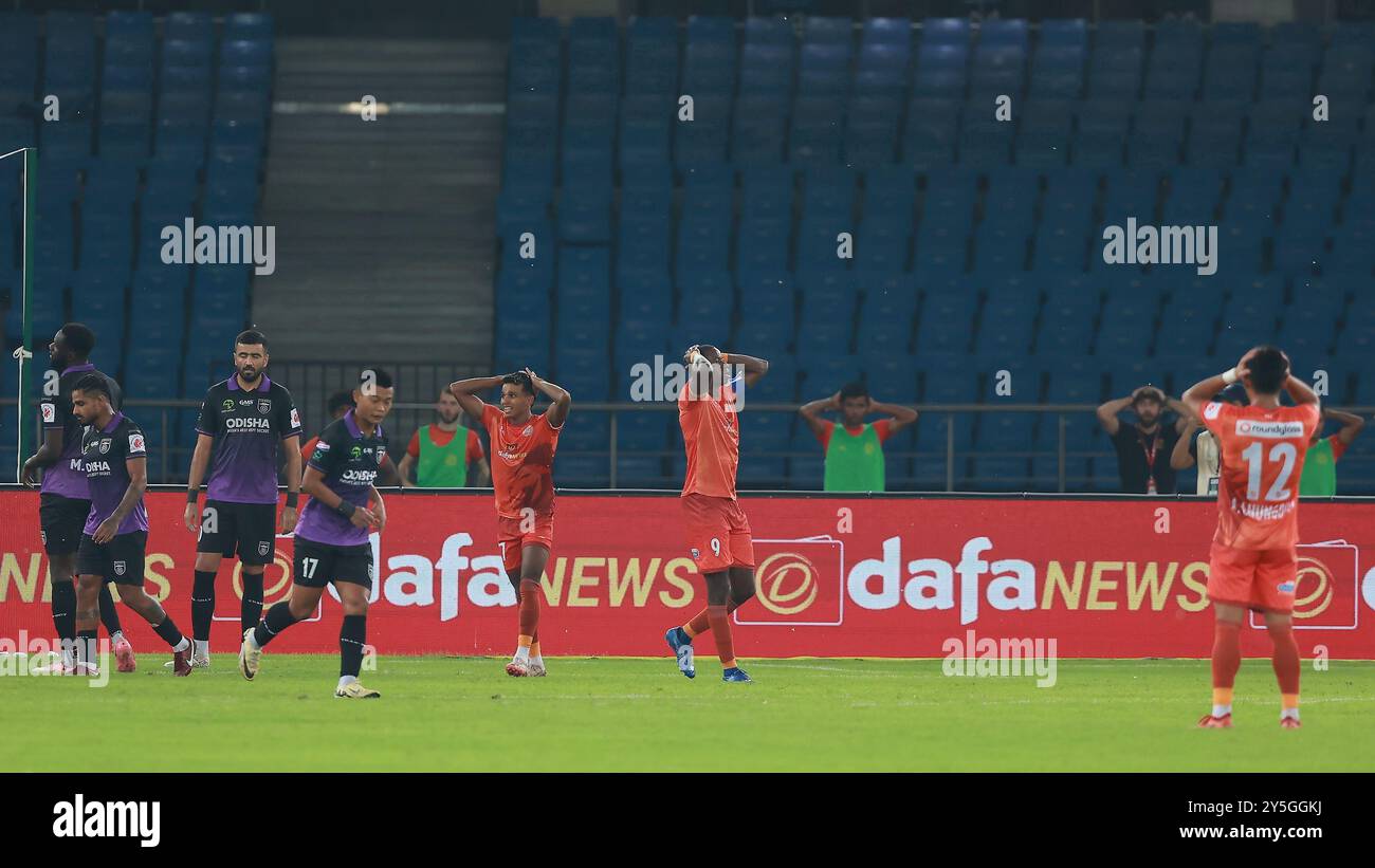 Nuova Delhi, Delhi, India. 20 settembre 2024. Punjab FC squadra reazione dopo aver perso la possibilità di segnare un gol durante la stagione 11 dell'Indian Super League (ISL) 2024-25 tra Punjab FC e Odisha FC al Jawaharlal Nehru Stadium, nuova Delhi, India, il 20 settembre 2024. (Immagine di credito: © Avijit Das/ZUMA Press Wire) SOLO PER USO EDITORIALE! Non per USO commerciale! Crediti: ZUMA Press, Inc./Alamy Live News Foto Stock