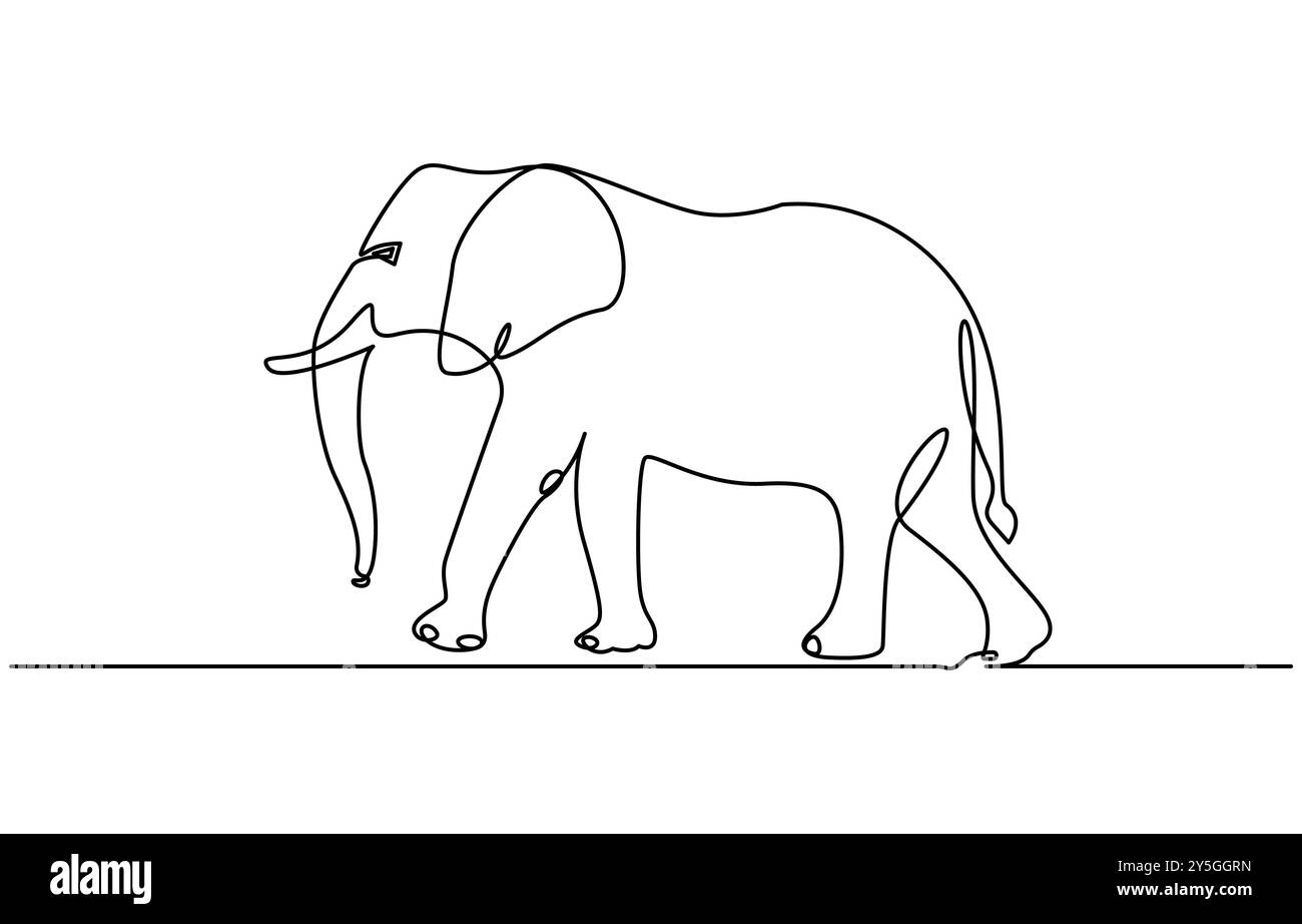 Fila continua di elefanti in piedi. Un'unica linea di elefante selvatico. Illustrazione vettoriale, elefante una linea. Elefante con il simbolo del bambino Illustrazione Vettoriale