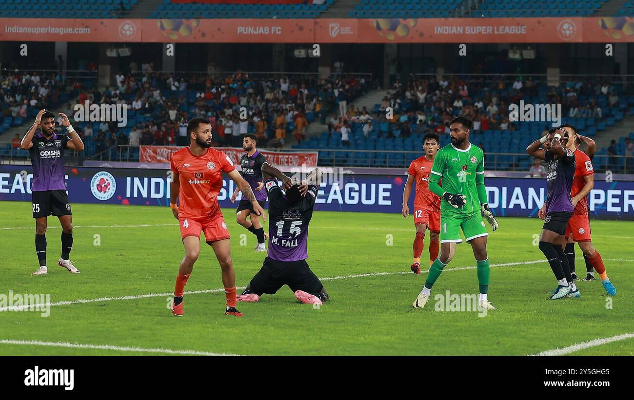 Nuova Delhi, Delhi, India. 20 settembre 2024. La reazione del giocatore dell'Odisha FC mentre perde l'occasione di segnare un gol durante la stagione 11 dell'Indian Super League (ISL) 2024-25 tra il Punjab FC e l'Odisha FC al Jawaharlal Nehru Stadium, nuova Delhi, India, il 20 settembre 2024. (Immagine di credito: © Avijit Das/ZUMA Press Wire) SOLO PER USO EDITORIALE! Non per USO commerciale! Crediti: ZUMA Press, Inc./Alamy Live News Foto Stock