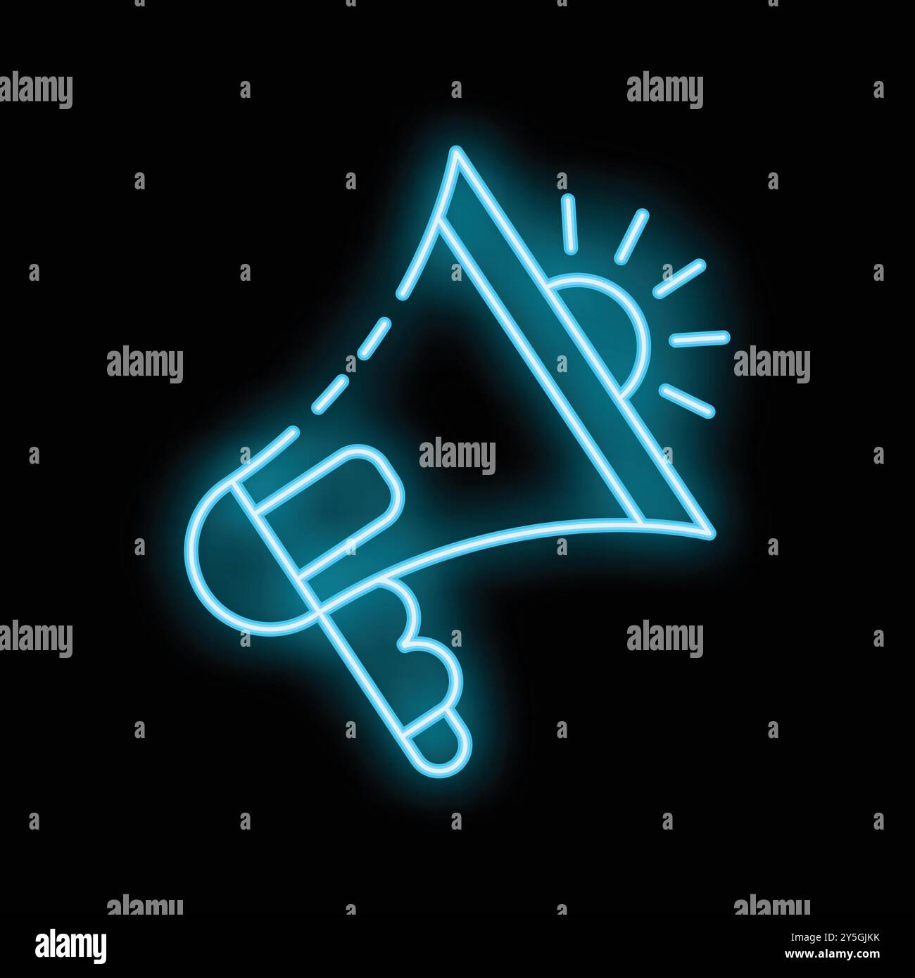 Il simbolo al neon blu brillante di un megafono che splende su uno sfondo nero, perfetto per rappresentare il marketing e la pubblicità Illustrazione Vettoriale