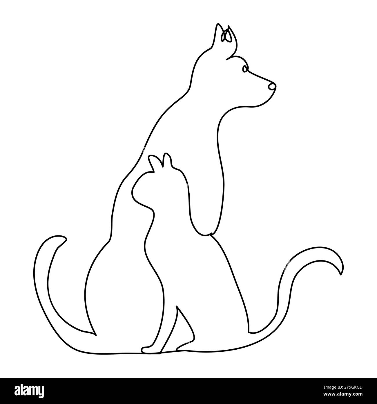 Cane e gatto una linea continua. Line art sagoma di cane e gatto. Disegno vettoriale disegnato a mano. Disegno di gatto e cane in un unico vettore di schizzo a linea continua Illustrazione Vettoriale