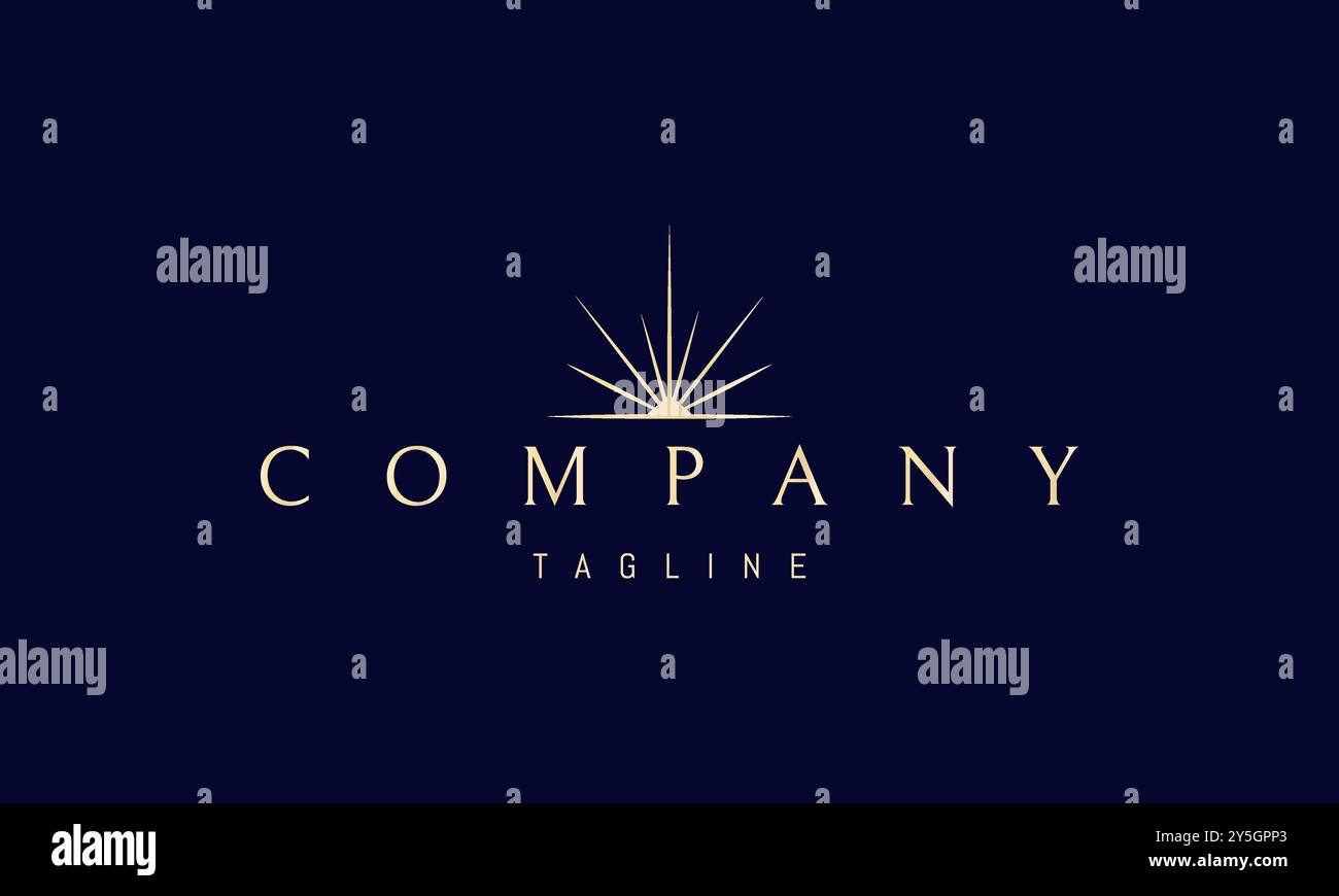 Logo dorato vettoriale con un'immagine astratta di una montagna scintillante. Illustrazione Vettoriale