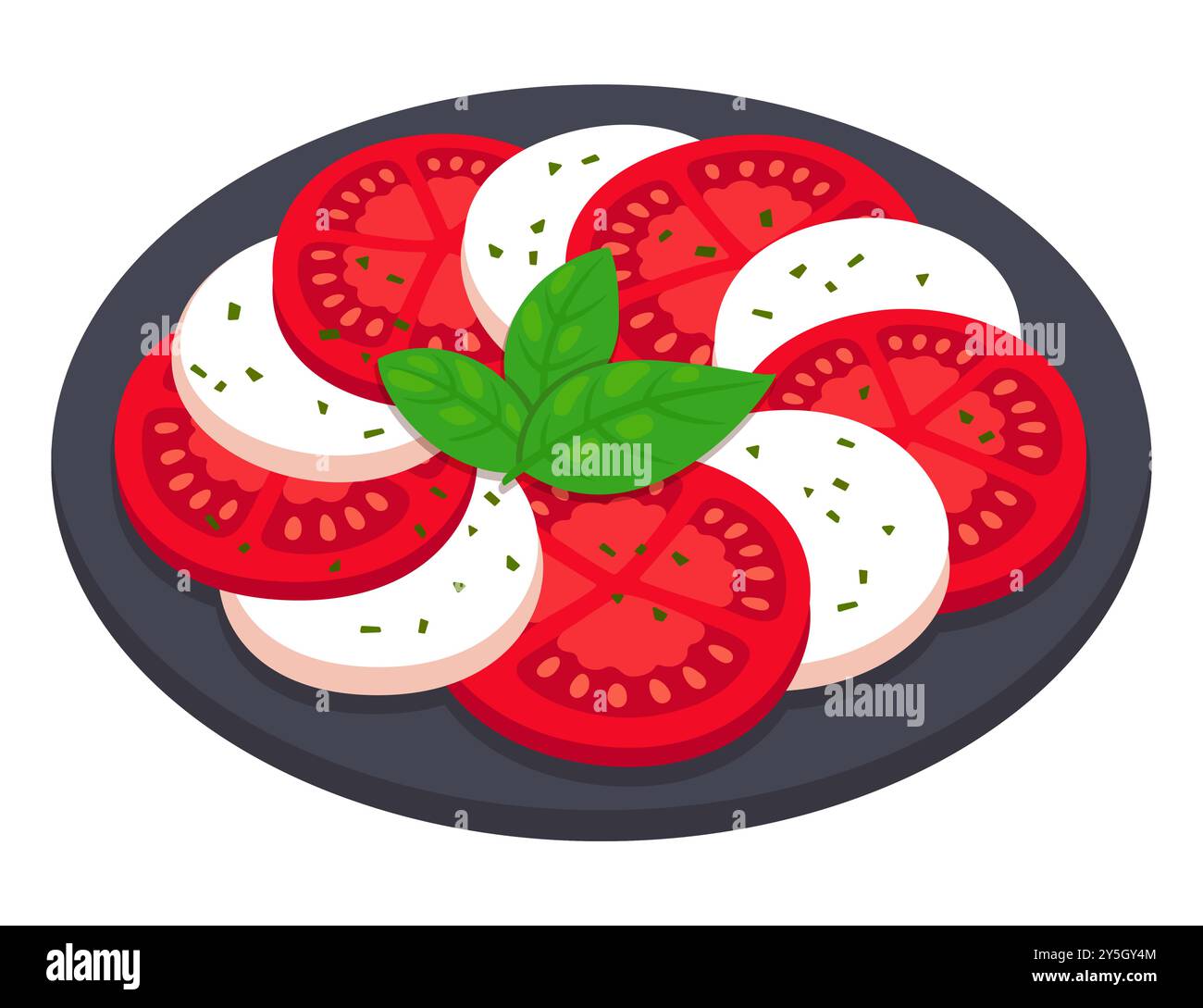 Insalata caprese, cucina italiana classica. Fette di pomodoro e mozzarella con foglia di basilico su piatto nero. Illustrazione grafica a clip vettoriale di cartoni animati piatti. Illustrazione Vettoriale