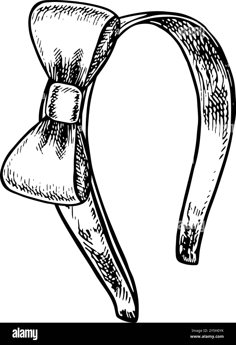 Una fascia per capelli con un fiocco. Bellezza e moda. Illustrazione grafica vettoriale in bianco e nero realizzata a mano. Un sottile archetto in metallo è un accessorio di bellezza. IO Illustrazione Vettoriale