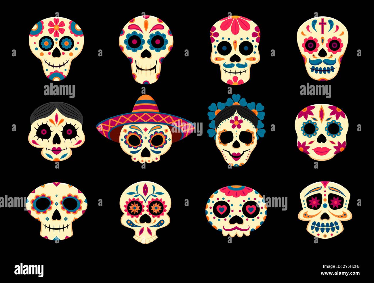 Teschi messicani di zucchero calavera, giorno della festa dei morti. Dia de los muertos personaggi divertenti. Set vettoriale cartoni animati di crani umani adornati con sombrero e motivi floreali. Simboli tradizionali di festival Illustrazione Vettoriale