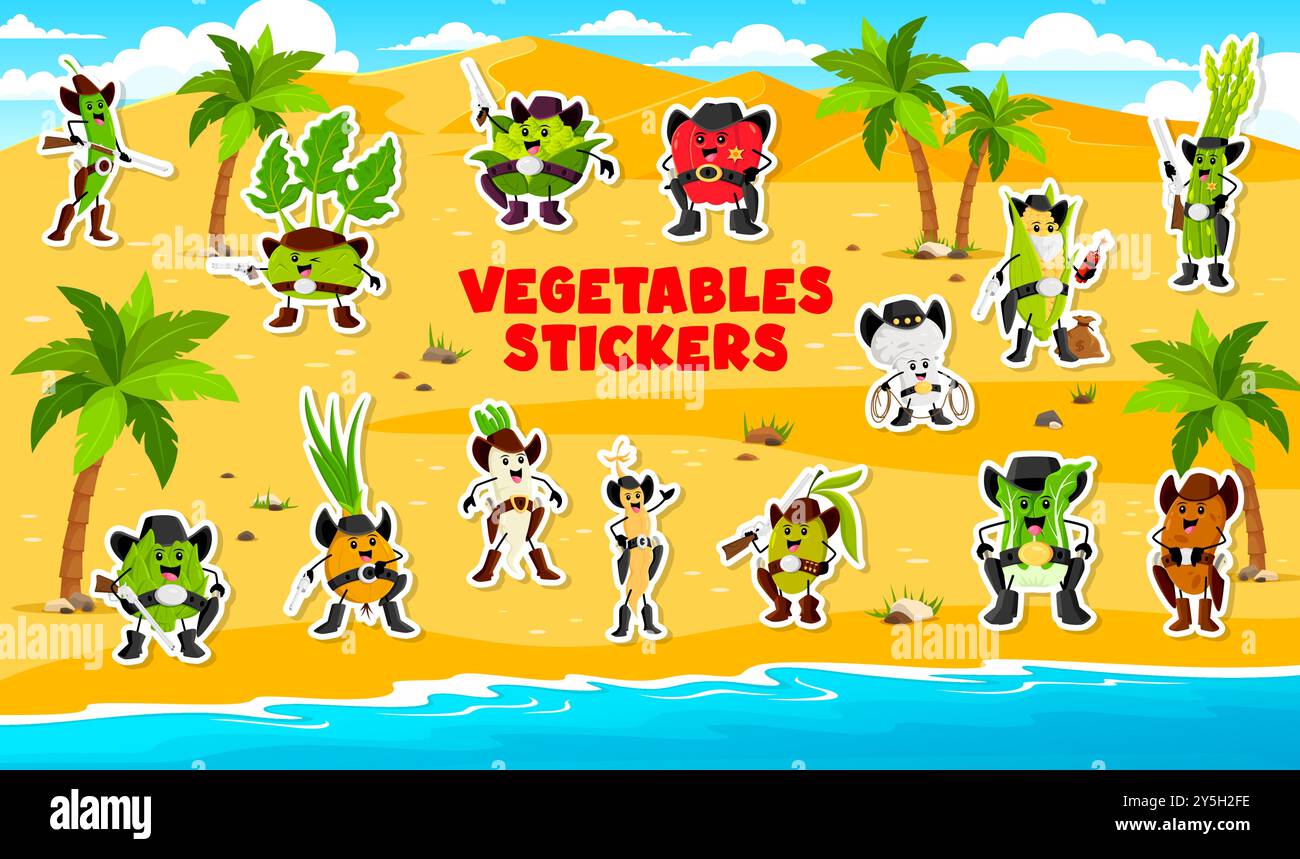 Confezione di adesivi di personaggi vegetali di cowboy e banditi. Patch divertenti e avventurose a tema western con personaggi di cartoni animati vestiti da cowboy e banditi del selvaggio West con cappelli, pistole e lassos Illustrazione Vettoriale