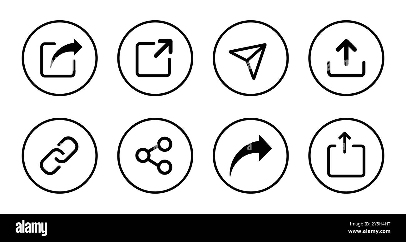 Pulsanti icona Condividi impostati nel design del contorno. Set di icone Condividi isolato su sfondo bianco. Pulsante icona Condividi in stile linea. Illustrazione vettoriale. Illustrazione Vettoriale
