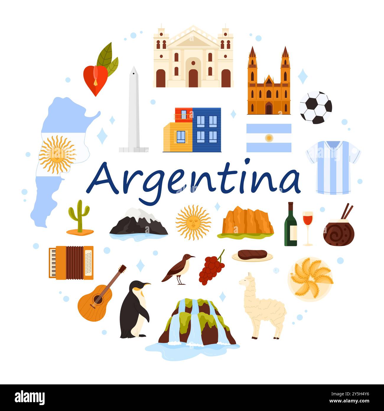 Viaggia in Argentina, elementi culturali e natura, bandiera e mappa in un banner infografico rotondo. Obelisco di Buenos Aires e Cascate dell'Iguazú, Sole di maggio in cerchio con titolo illustrazione vettoriale cartoni animati Illustrazione Vettoriale
