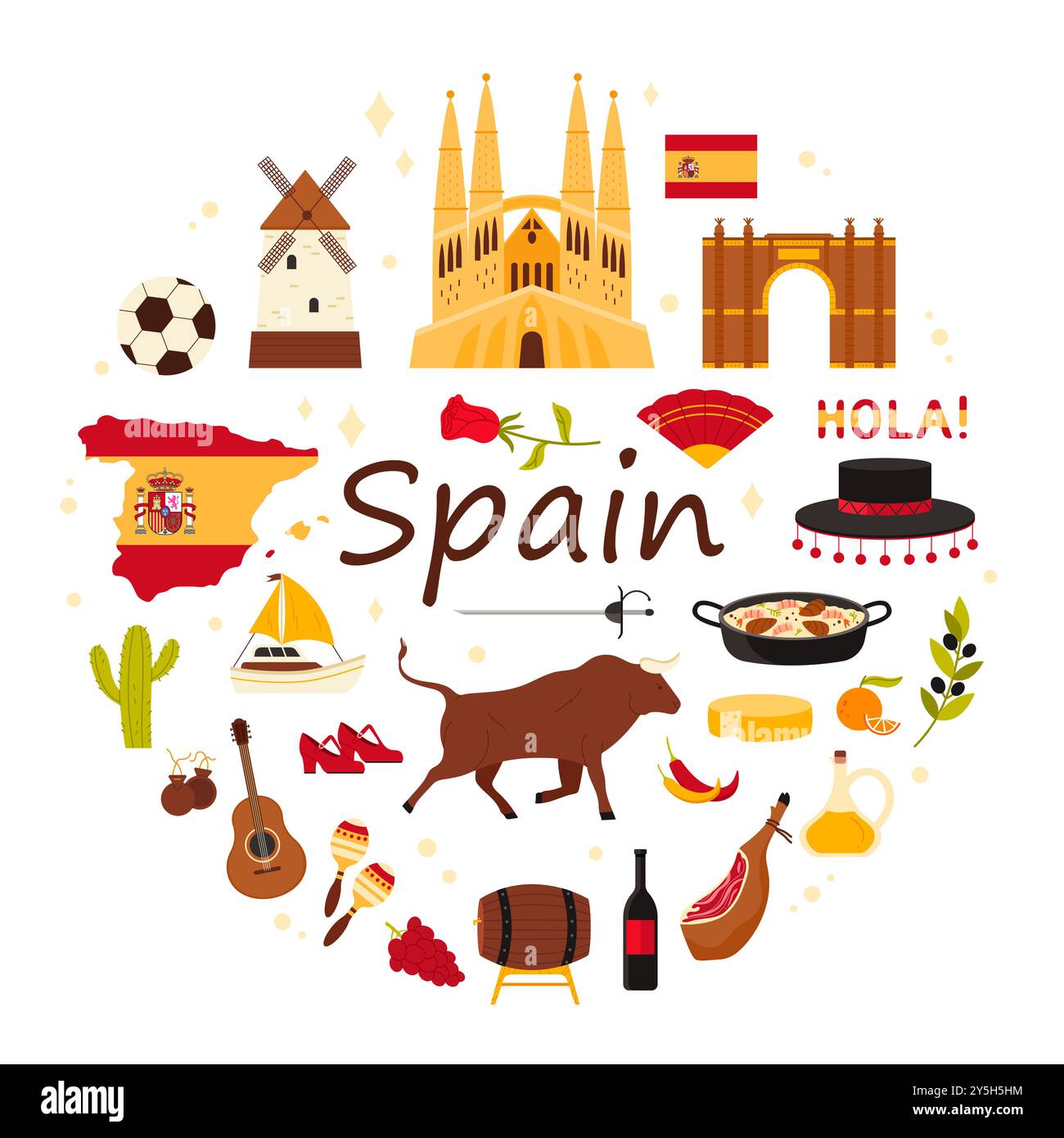 Elementi culturali e architetture spagnole, cibo famoso della Spagna in un banner infografico rotondo. Scarpe da ballerino e tifoso di flamenco, cappello da toro e da corriere, palla da calcio e illustrazione vettoriale di paella Illustrazione Vettoriale