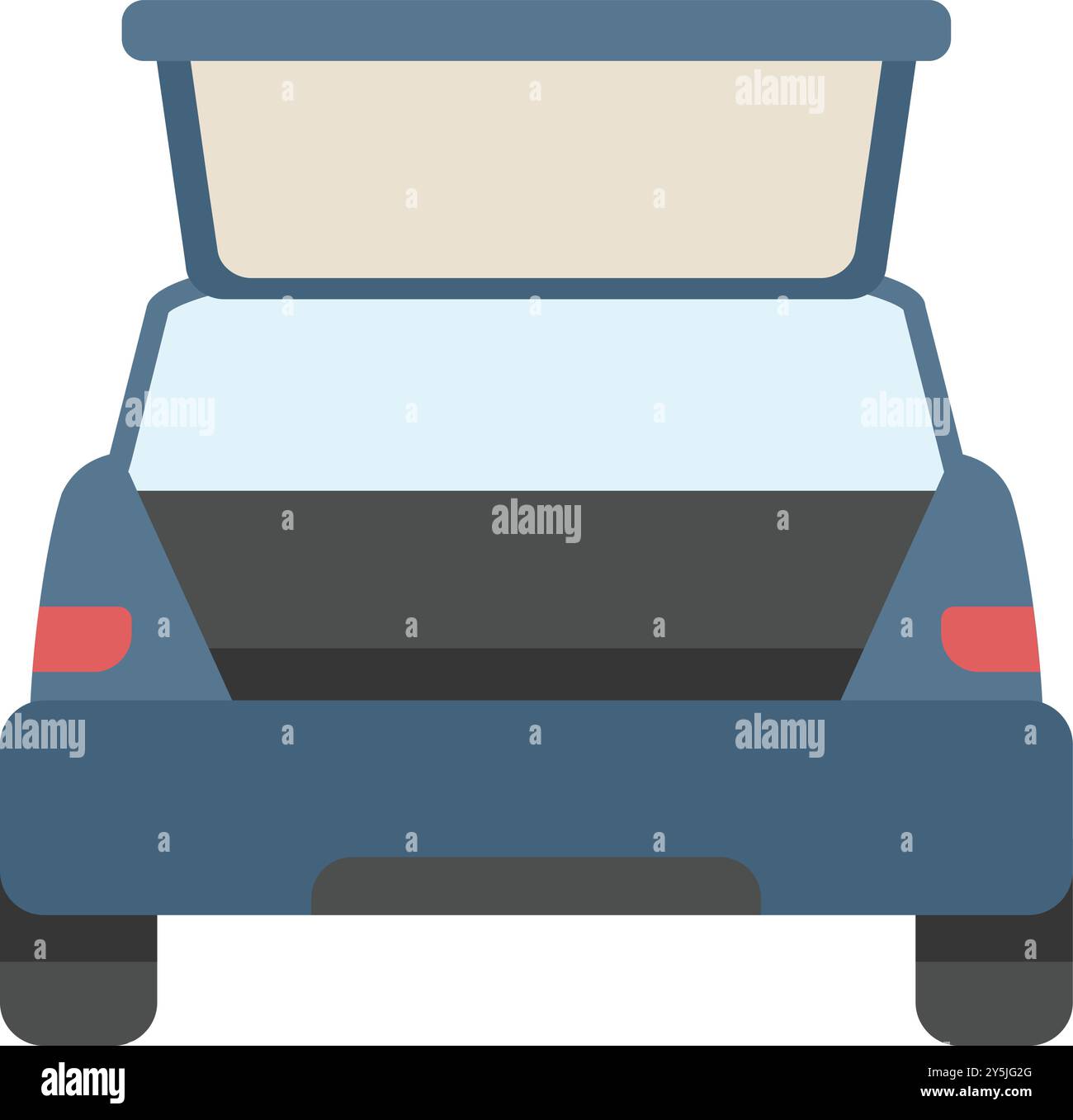 Vista posteriore di un'auto blu con bagagliaio aperto, pronta per il caricamento dei bagagli Illustrazione Vettoriale