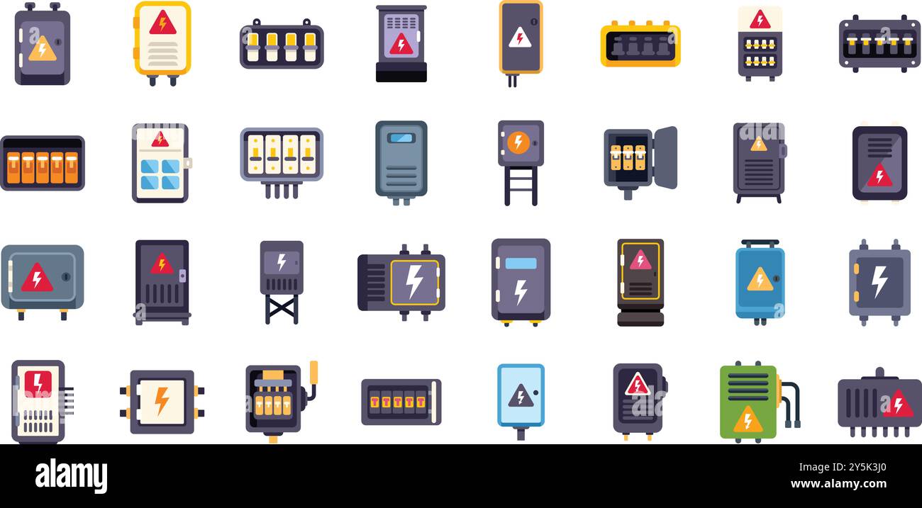 Set di icone dei quadri elettrici con vari design e configurazioni, che forniscono una rappresentazione visiva completa dei sistemi di distribuzione e controllo elettrici Illustrazione Vettoriale