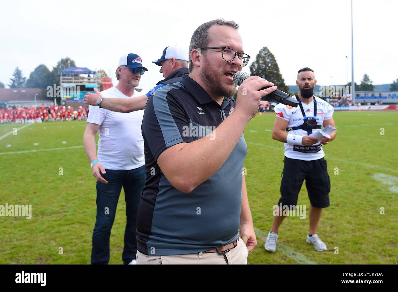 Ronny Ruehlemann (Marketing, ifm Ravensburg Razorbacks) GER, ifm Ravensburg Razorbacks vs New Yorker Lions Braunschweig, American Football, GFL, Saison 2024, playoff, Viertelfinale, 22.09.2024, Eibner-Pressefoto/Florian Wolf Foto Stock