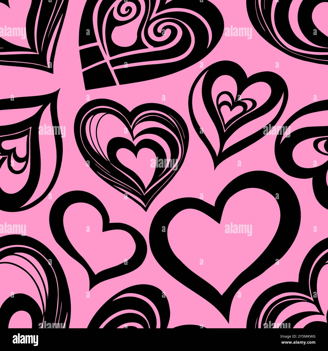motivo grafico senza cuciture di cuori neri su sfondo rosa, texture e design Foto Stock