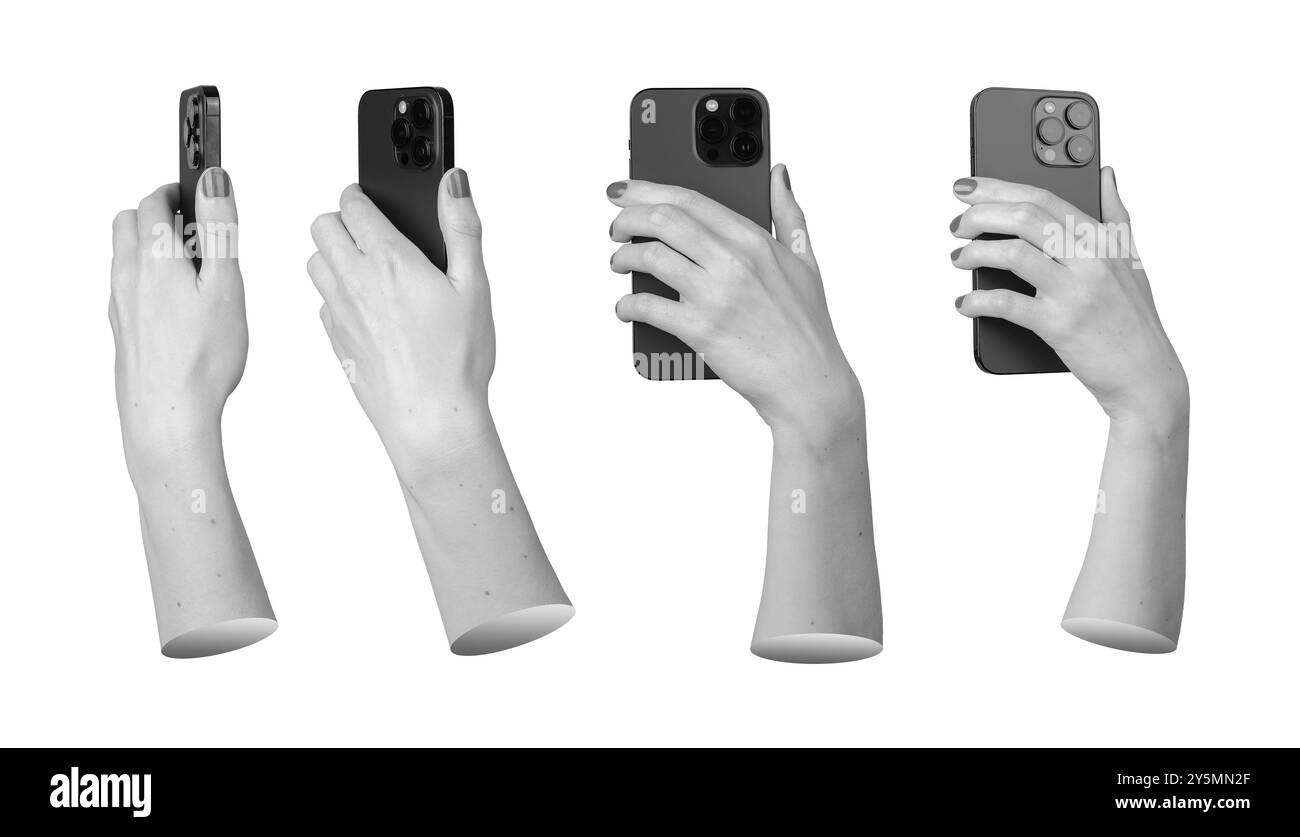 Berlino Germania 21 luglio 2024 mani che tengono in mano, utilizzando telefono cellulare, smartphone, iphone isolato su sfondo bianco. Foto Stock