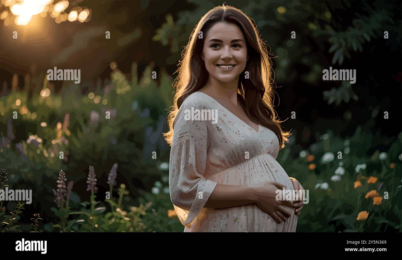 Una donna di vent'anni, con un piccolo bump, si erge in un giardino al tramonto, cullando la sua pancia con un sorriso sereno, irradiando un'imminente maternità. Illustrazione Vettoriale