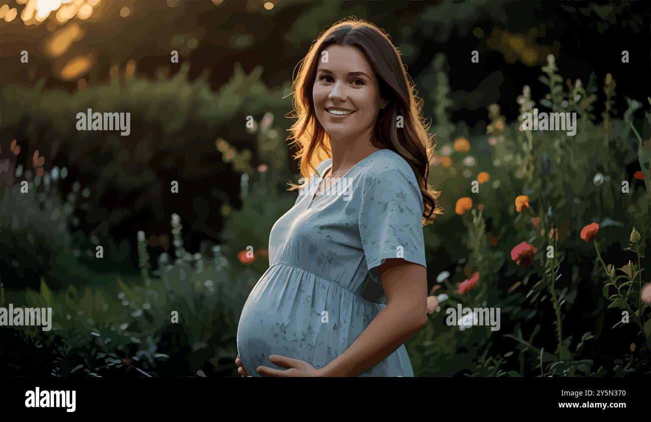 Una donna di vent'anni, con un piccolo bump, si erge in un giardino al tramonto, cullando la sua pancia con un sorriso sereno, irradiando un'imminente maternità. Illustrazione Vettoriale