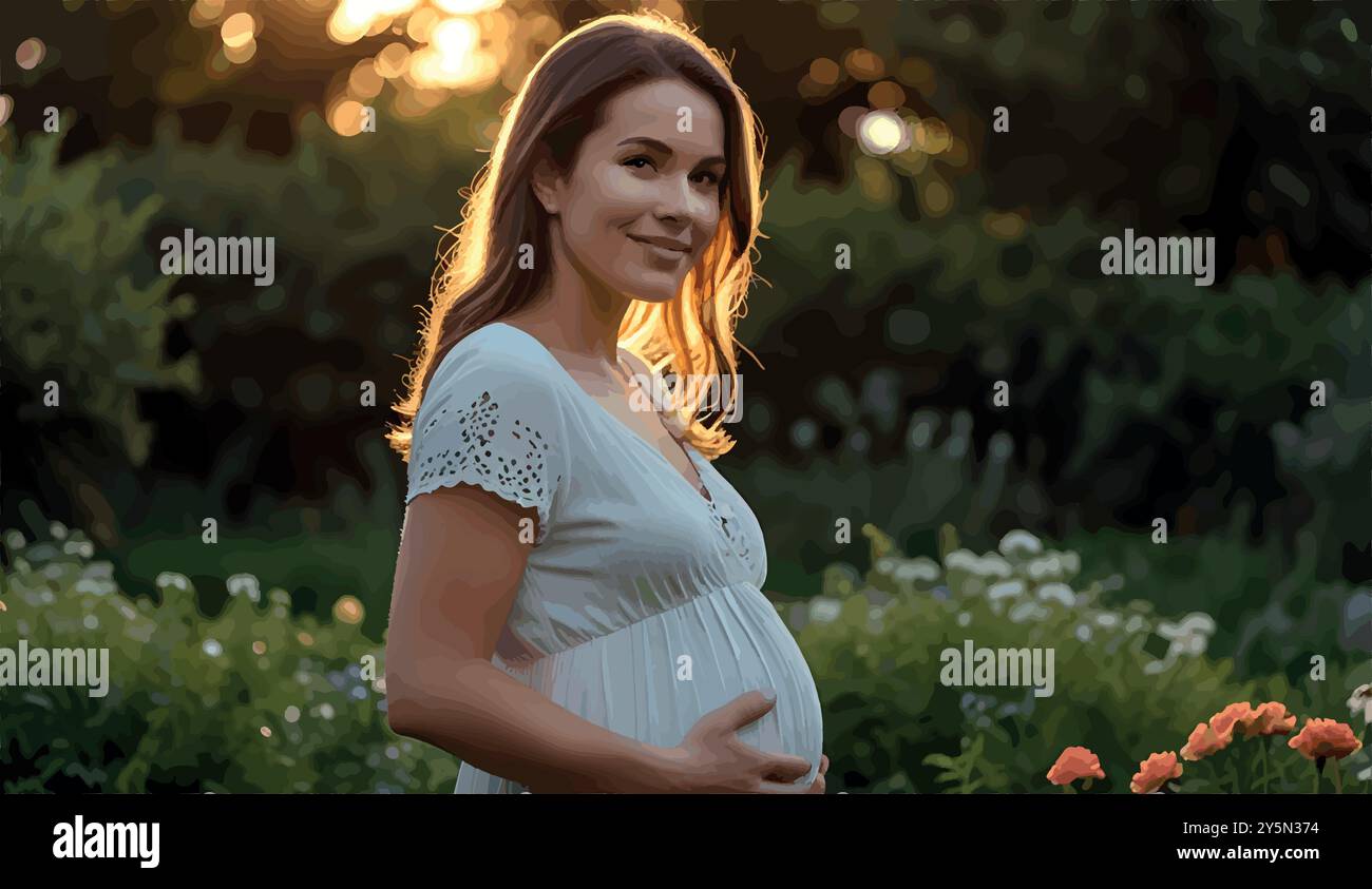 Una donna di vent'anni, con un piccolo bump, si erge in un giardino al tramonto, cullando la sua pancia con un sorriso sereno, irradiando un'imminente maternità. Illustrazione Vettoriale