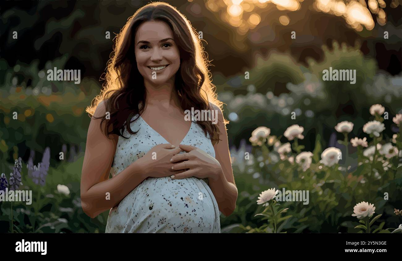 Una donna di vent'anni, con un piccolo bump, si erge in un giardino al tramonto, cullando la sua pancia con un sorriso sereno, irradiando un'imminente maternità. Illustrazione Vettoriale