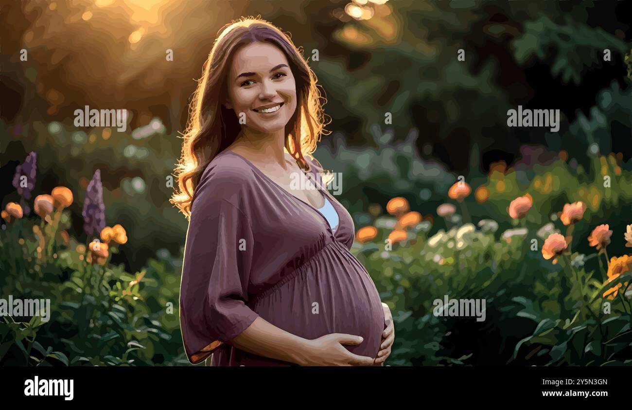 Una donna di vent'anni, con un piccolo bump, si erge in un giardino al tramonto, cullando la sua pancia con un sorriso sereno, irradiando un'imminente maternità. Illustrazione Vettoriale
