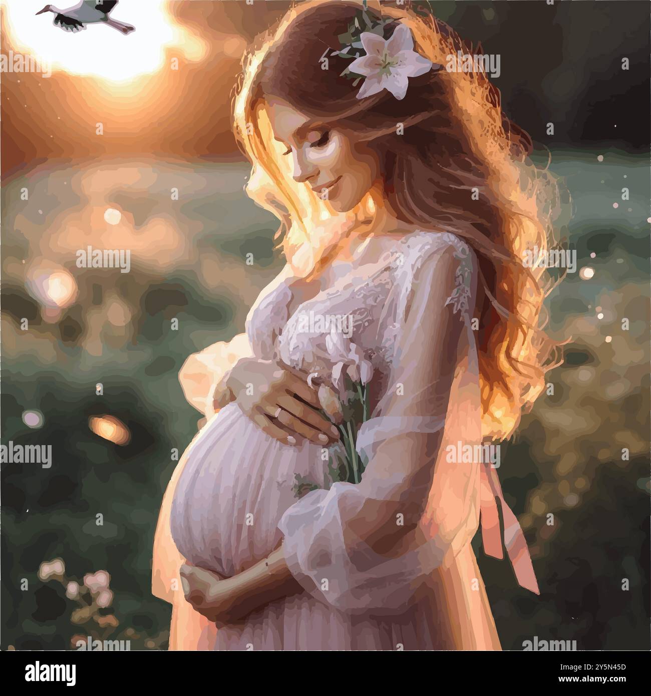 Una donna di vent'anni, con un piccolo bump, si erge in un giardino al tramonto, cullando la sua pancia con un sorriso sereno, irradiando un'imminente maternità. Illustrazione Vettoriale